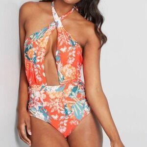 Modcloth The Bethany One Piece Swimsuit Coral Red Orange Floral Women Medium NEW
